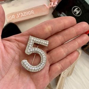 No 5 Silver Brooch with Rhinestones and Pearls